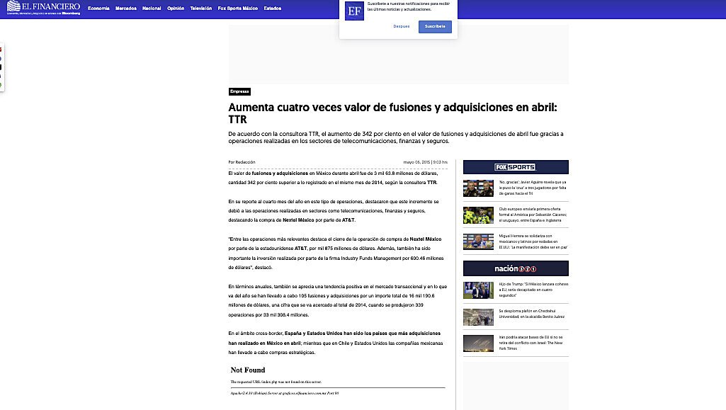 Aumenta cuatro veces valor de fusiones y adquisiciones en abril: TTR